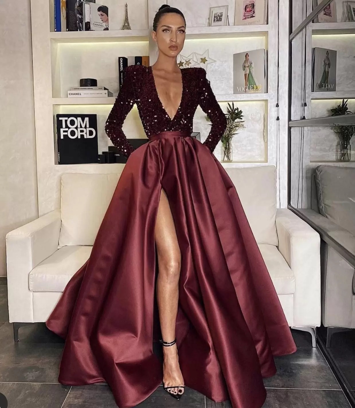 Robe de soirée perlée à col V profond, Robe à paillettes manches longues pour femme, sexy, élégante