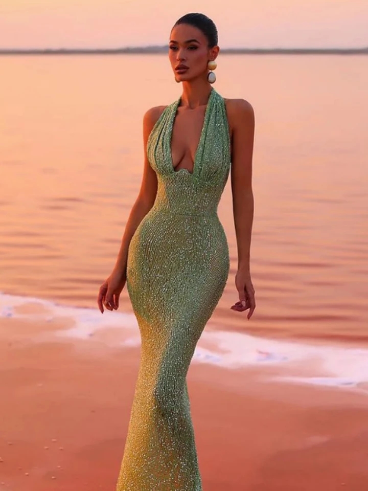 Robe de soirée longue sexy à paillettes pour Femme, sequins, Col en V profond, Vert, Slim