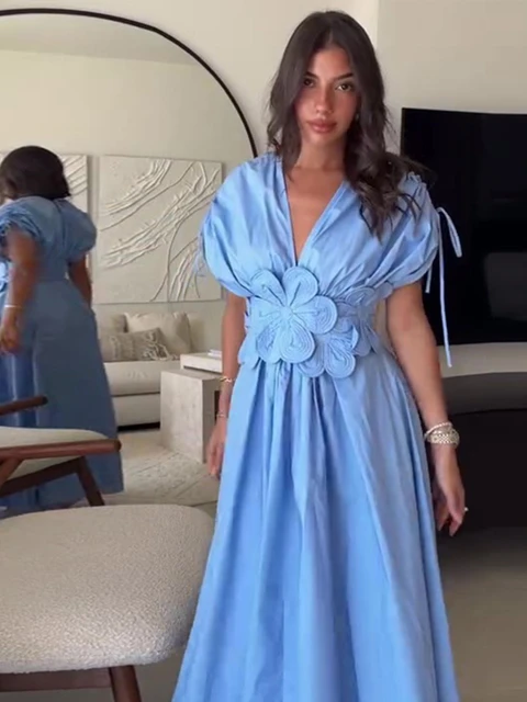 Robe Maxi Plissée à Fleurs 3D élégante et chic, Col en V, manches courtes, taille Haute, Tenue de Soirée
