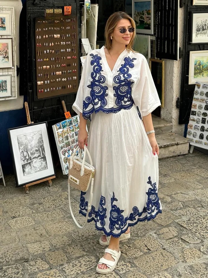 Ensemble jupe et chemise à col en V et motif floral pour femme, Ensemble chic et élégant