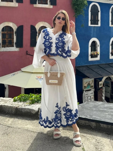 Ensemble jupe et chemise à col en V et motif floral pour femme, Ensemble chic et élégant