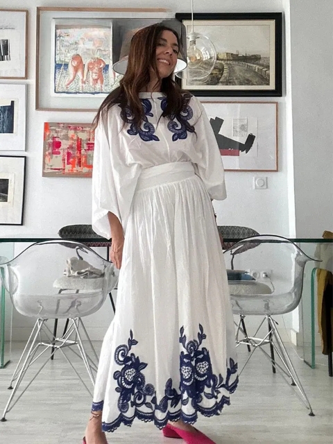 Ensemble jupe et chemise à col en V et motif floral pour femme, Ensemble chic et élégant