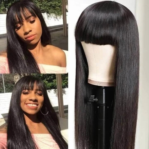 Perruques de cheveux brésiliens 100% naturels lisses et droites, perruque fabriquée à la machine avec frange, 16 à 24 pouces / Livraison Gratuite