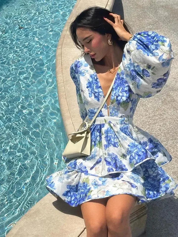 Robe Courte à Volants cascades double Couche, Col en V, Imprimé / Livraison Gratuite