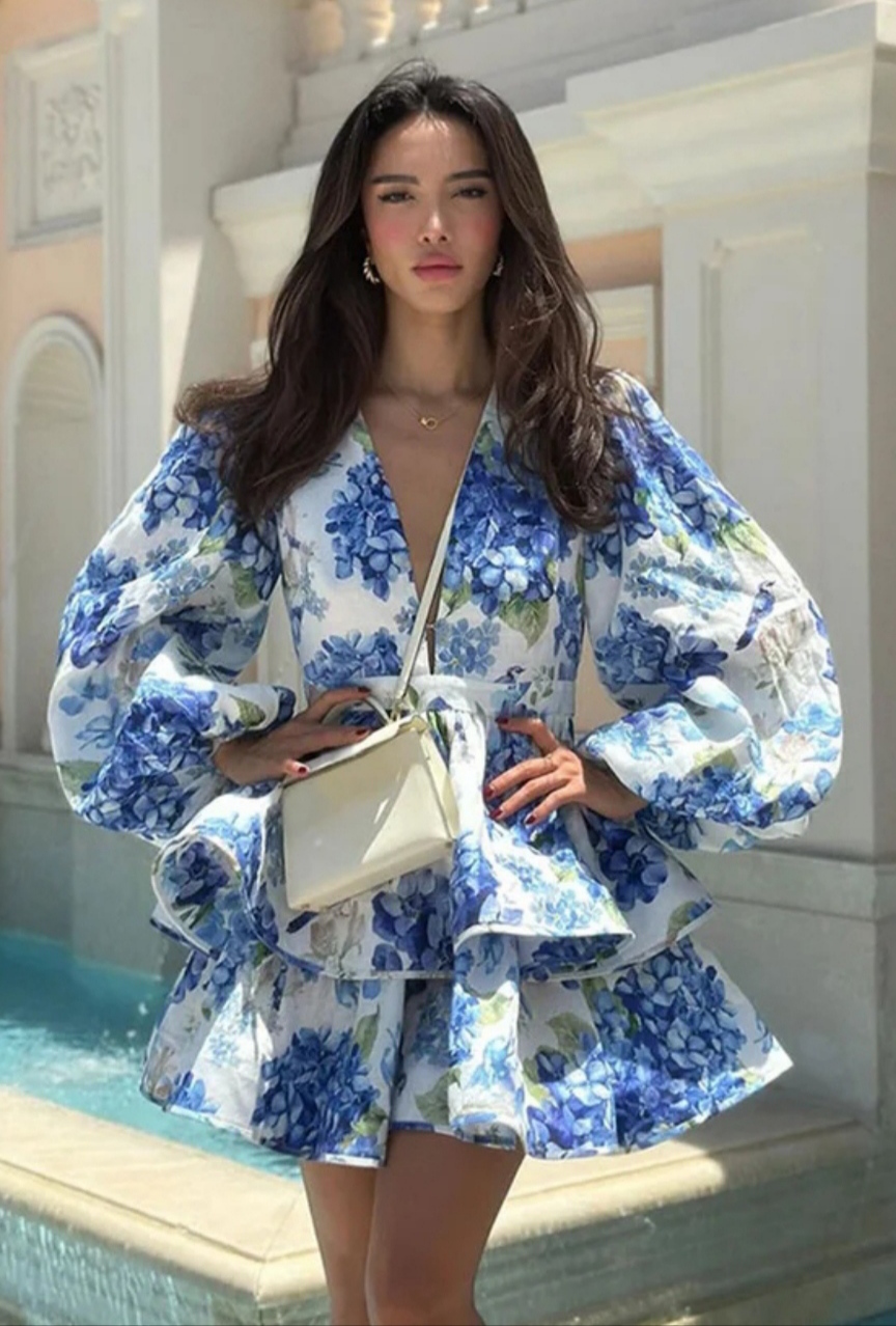 Robe Courte à Volants cascades double Couche, Col en V, Imprimé / Livraison Gratuite
