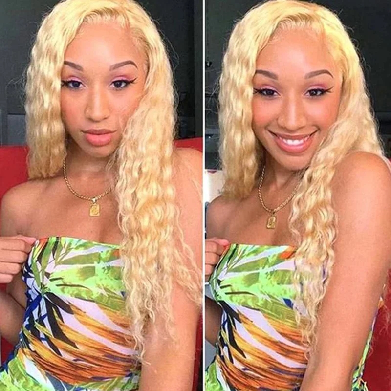 Perruque Brésilienne Cheveux Naturels Bouclés Blond Miel 613, 13x4 HD, ou 13x6, HD, 8 à 24 Pouces