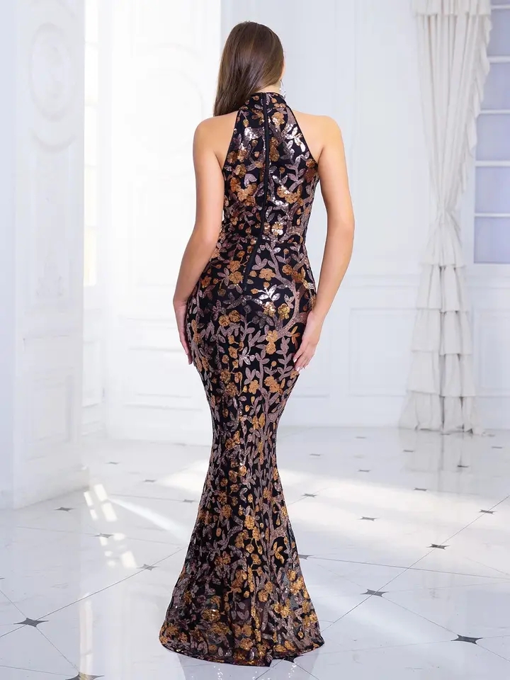 Robe style sirène sexy à Paillettes col fibré, Tenue de Soirée motif floral