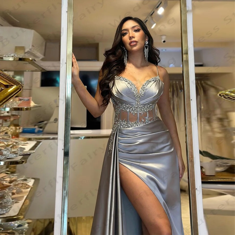 Robe de soirée perlée à col en forme de cœur argenté, robe de sirène en satin