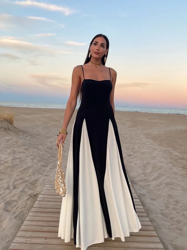 Robe maxi élégante en patchwork et bretelles pour femmes, col V, dos nu