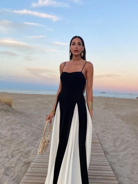 Robe maxi élégante en patchwork et bretelles pour femmes, col V, dos nu