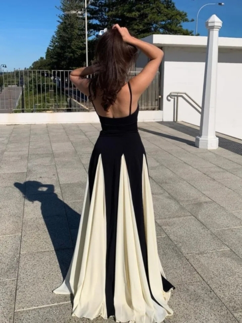 Robe maxi élégante en patchwork et bretelles pour femmes, col V, dos nu
