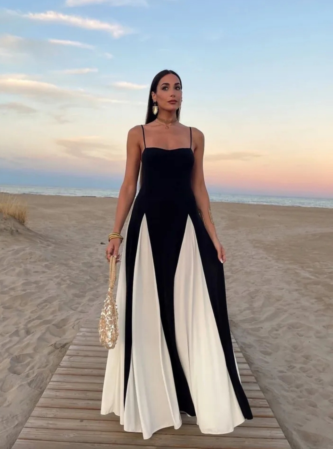 Robe maxi élégante en patchwork et bretelles pour femmes, col V, dos nu