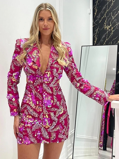 Robe sexy à paillettes de luxe manches longues et col en V profond