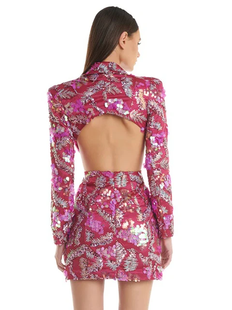 Robe sexy à paillettes de luxe manches longues et col en V profond