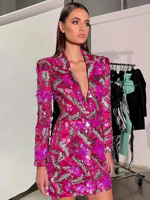 Robe sexy à paillettes de luxe manches longues et col en V profond