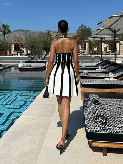 Mini robe à bretelles patchwork noir et blanc pour femmes, robe de cocktail