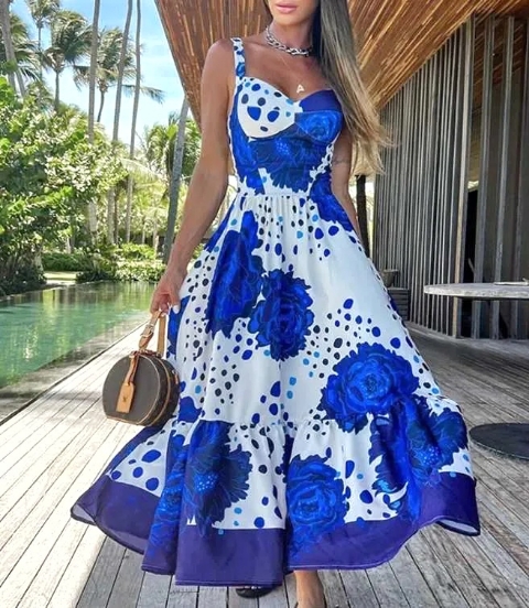 Robe indigo à imprimé floral pour femmes, robe longue en fibre