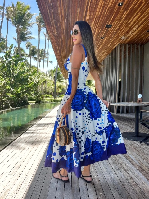Robe indigo à imprimé floral pour femmes, robe longue en fibre
