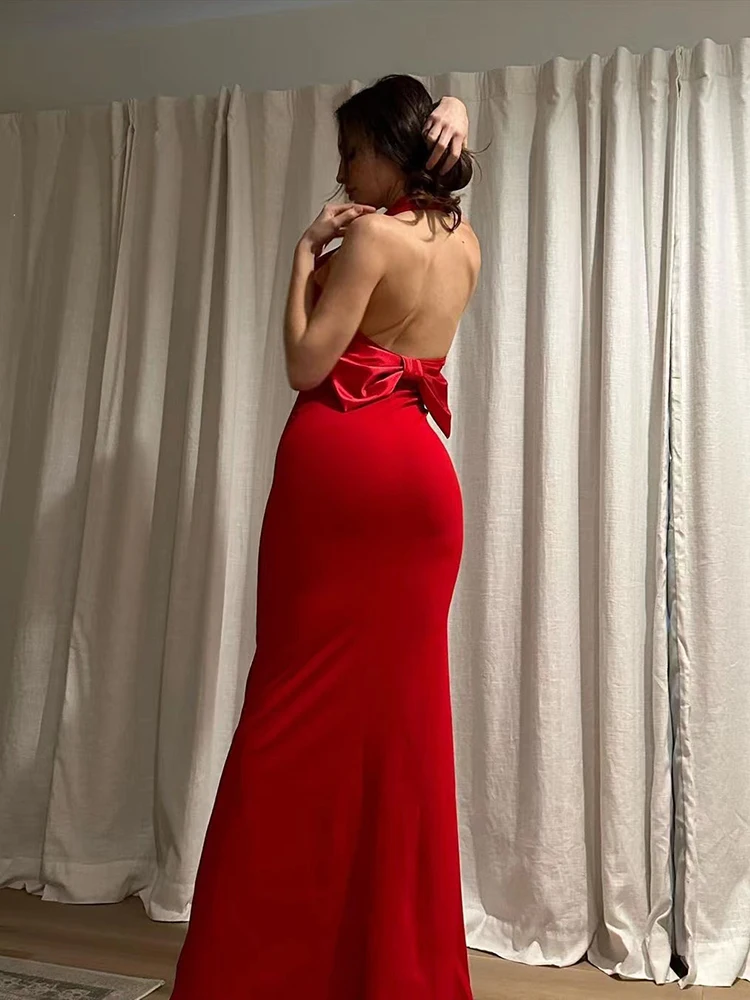 Robe maxi sexy rouge dos nu style célébrité pour femme, col en V