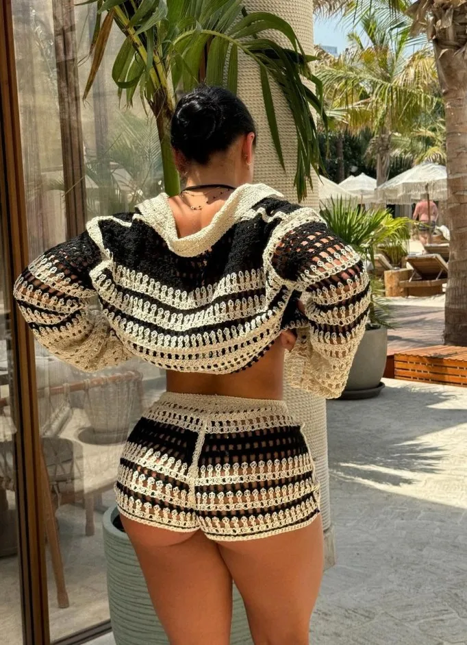 Ensemble haut et short en tricot à rayures,  tenues décontractées pour femme