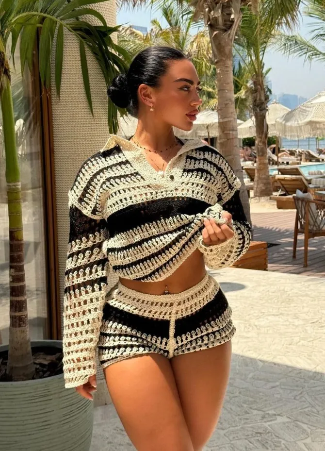 Ensemble haut et short en tricot à rayures,  tenues décontractées pour femme