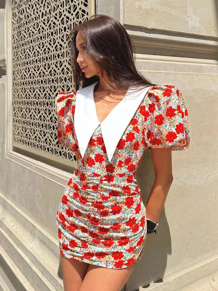 Mini robe froncée à manches courtes pour femmes, Robe de soirée tendance