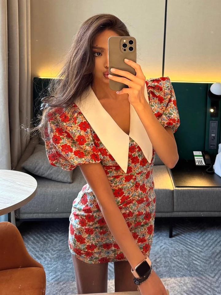 Mini robe froncée à manches courtes pour femmes, Robe de soirée tendance