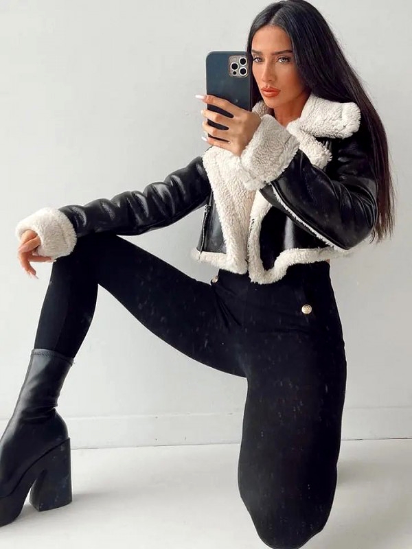 Veste épaisse en similicuir pour femme, Blouson à revers vintage