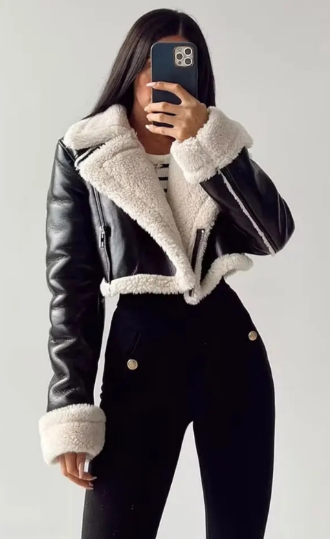 Veste épaisse en similicuir pour femme, Blouson à revers vintage