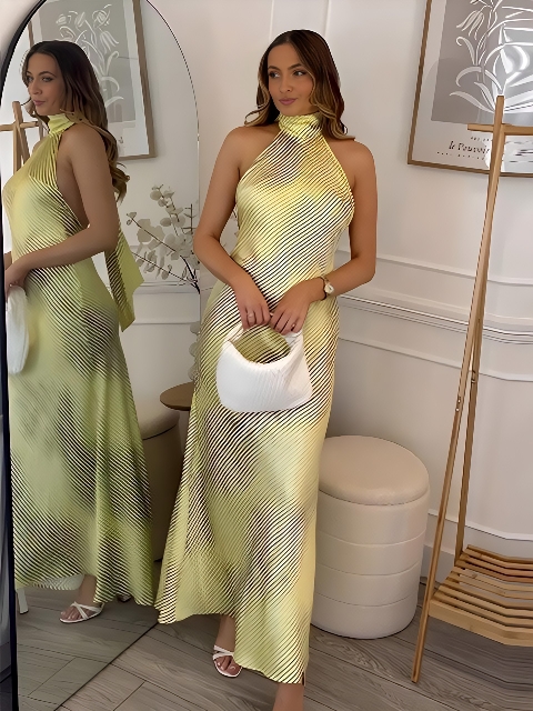 Robe de soirée maxi imprimée à rayures, col frontal élégant, dos nu