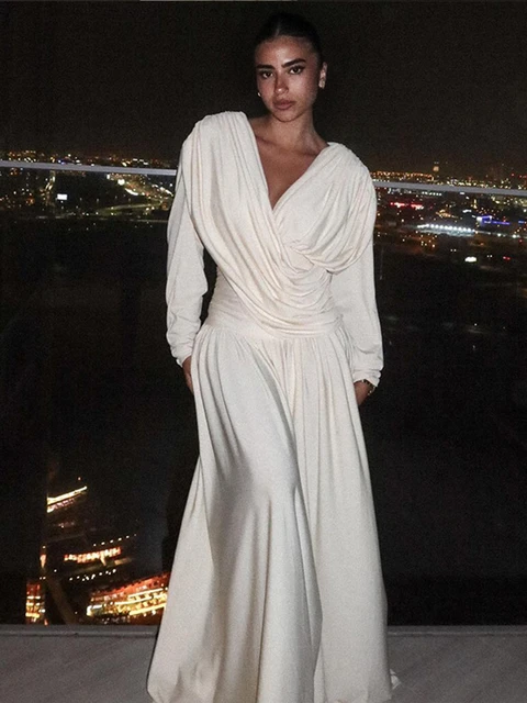 Robes longues drapées à manches longues pour femme, col V croisé chic