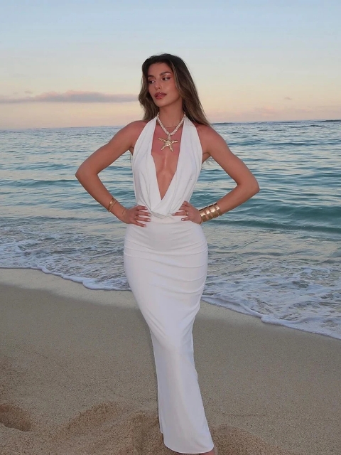 Robe pendante à col plissé taille haute, Sans manches et col en V profond