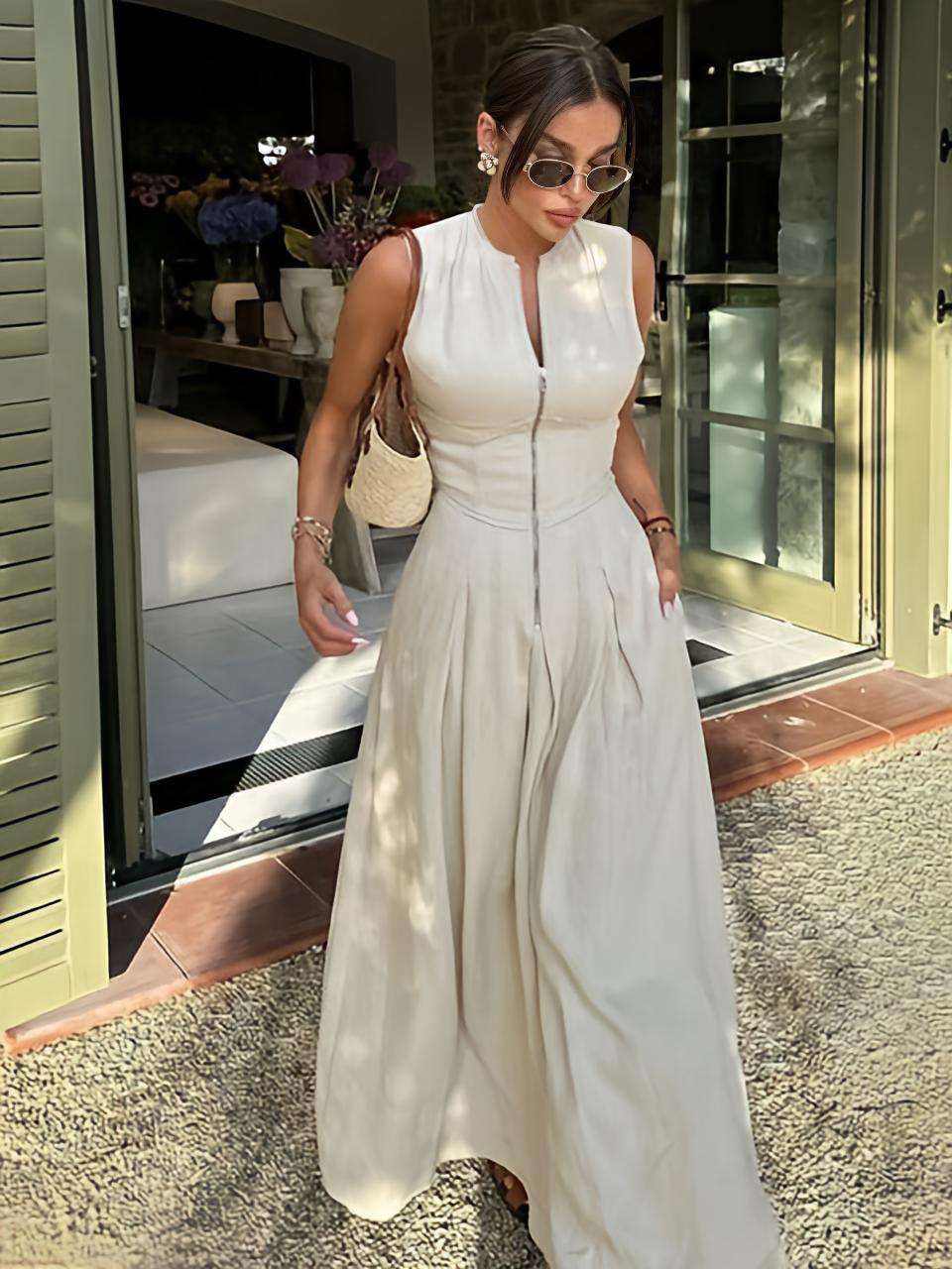 Robe trapèze plissée à col   rond pour femmes, robes monochromes élégantes, demi-fermeture éclair