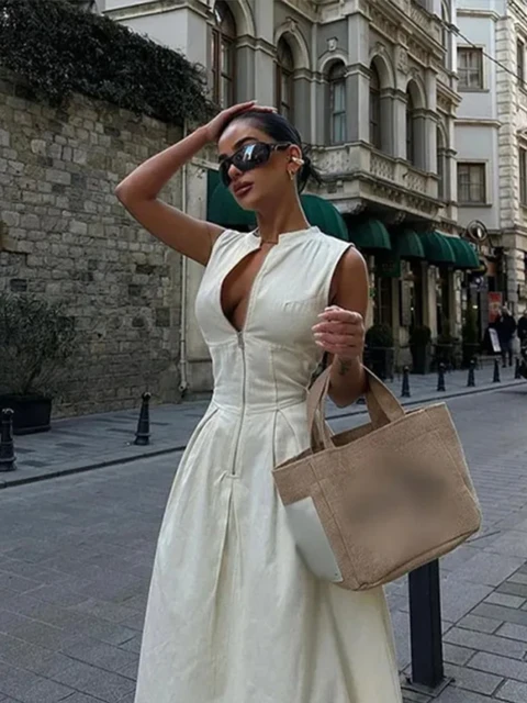 Robe trapèze plissée à col   rond pour femmes, robes monochromes élégantes, demi-fermeture éclair