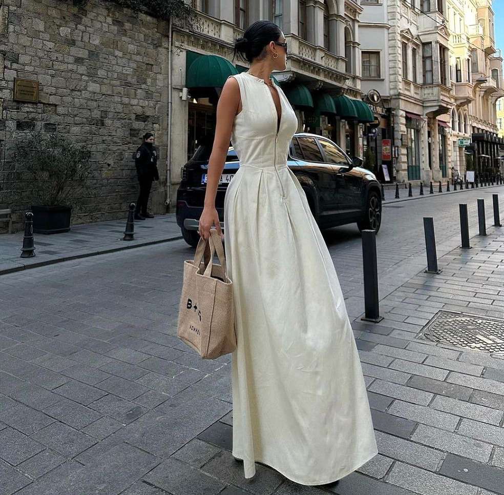 Robe trapèze plissée à col   rond pour femmes, robes monochromes élégantes, demi-fermeture éclair