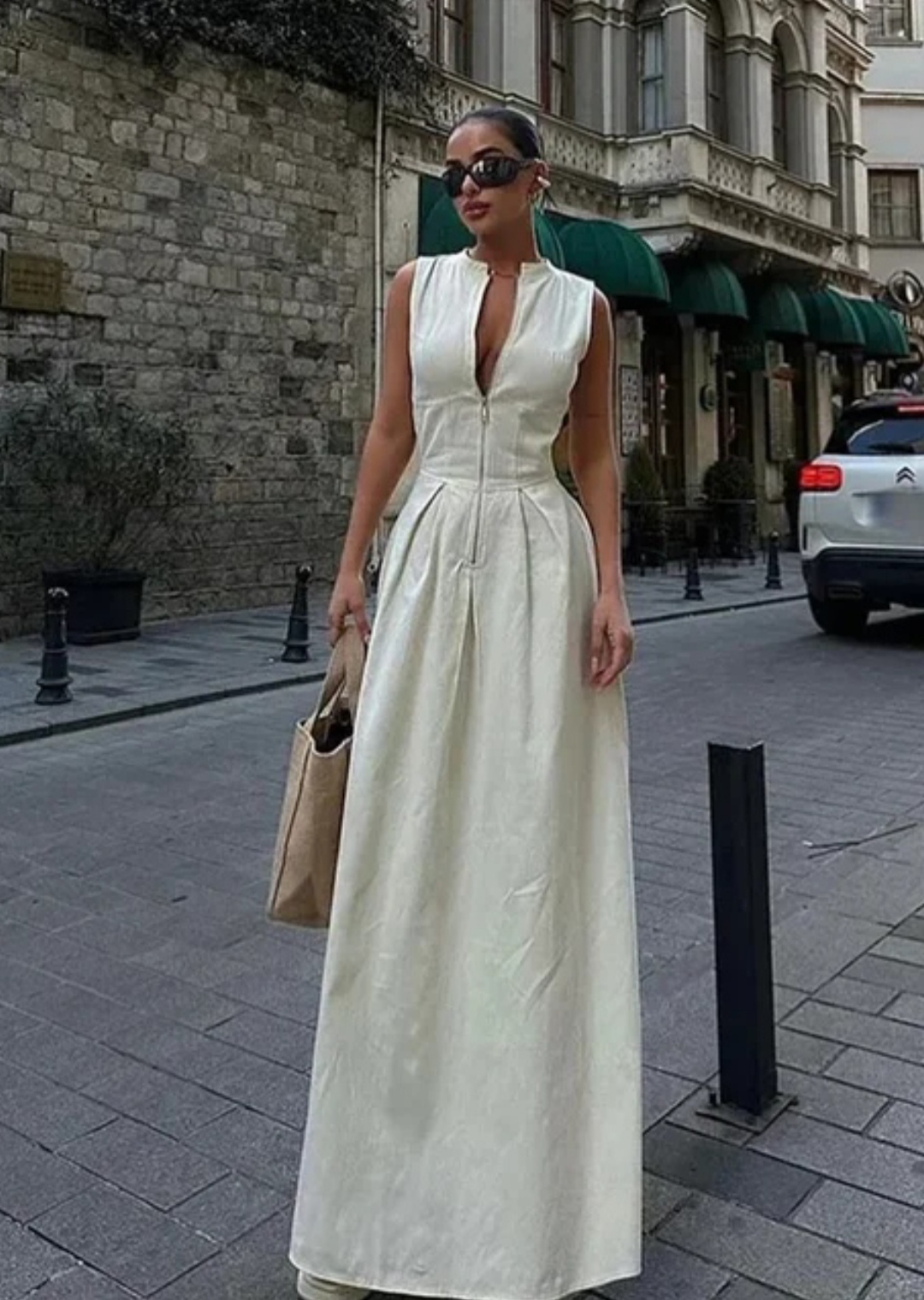 Robe trapèze plissée à col rond pour femmes, robes monochromes élégantes, demi-fermeture éclair