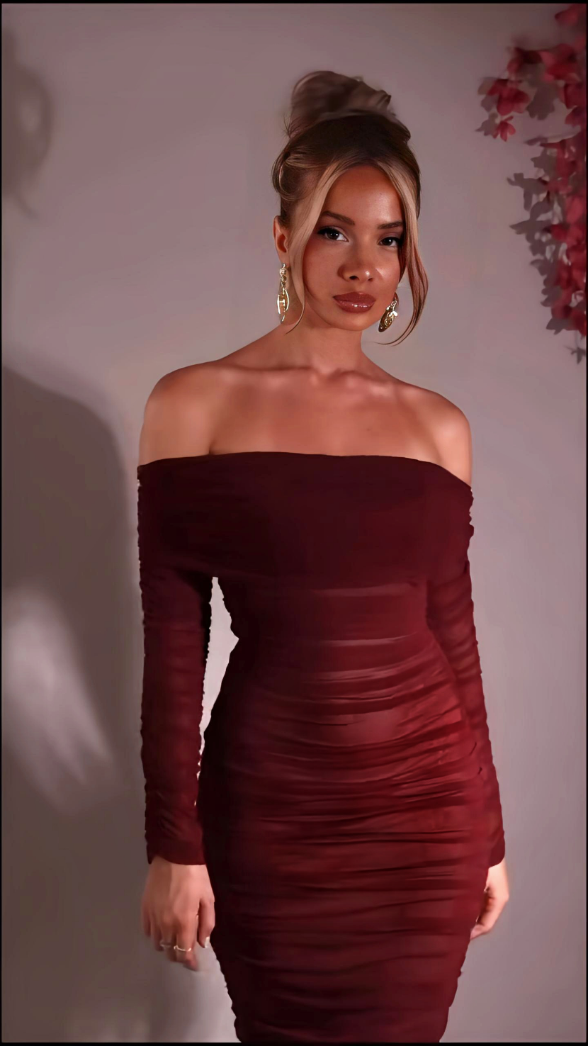 Robe Maxi Sexy froncée à Manches longues et sans Bretelles pour Femme