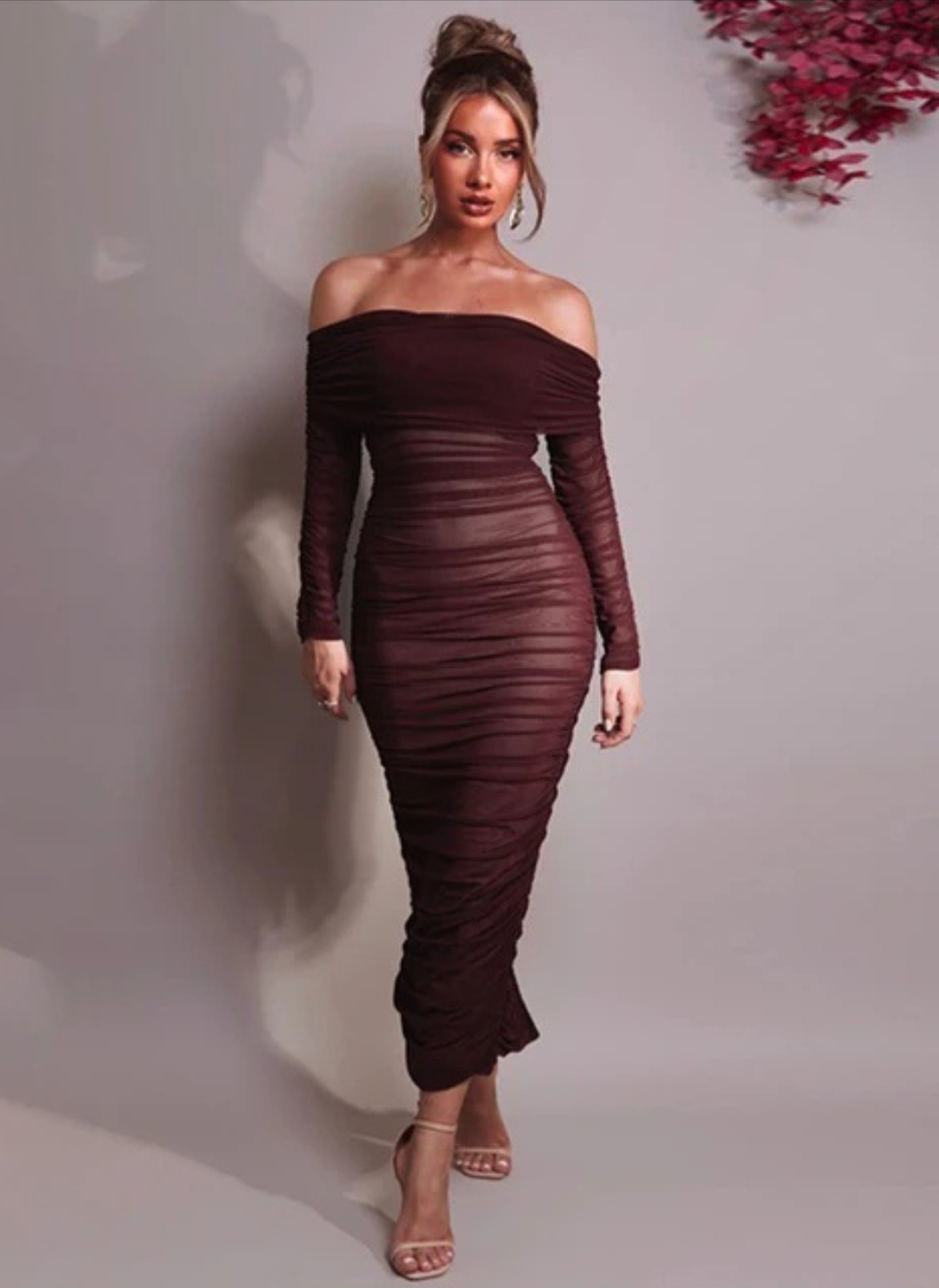 Robe Maxi Sexy froncée à Manches longues et sans Bretelles pour Femme