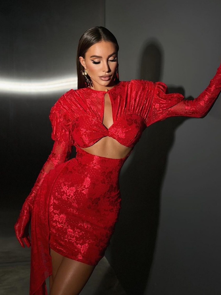 Mini Robe drapée en toile rouge pour femme, gants sexy