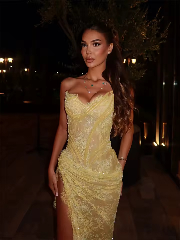 Robes de Soirée paillettes en dentelle jaune scintillante