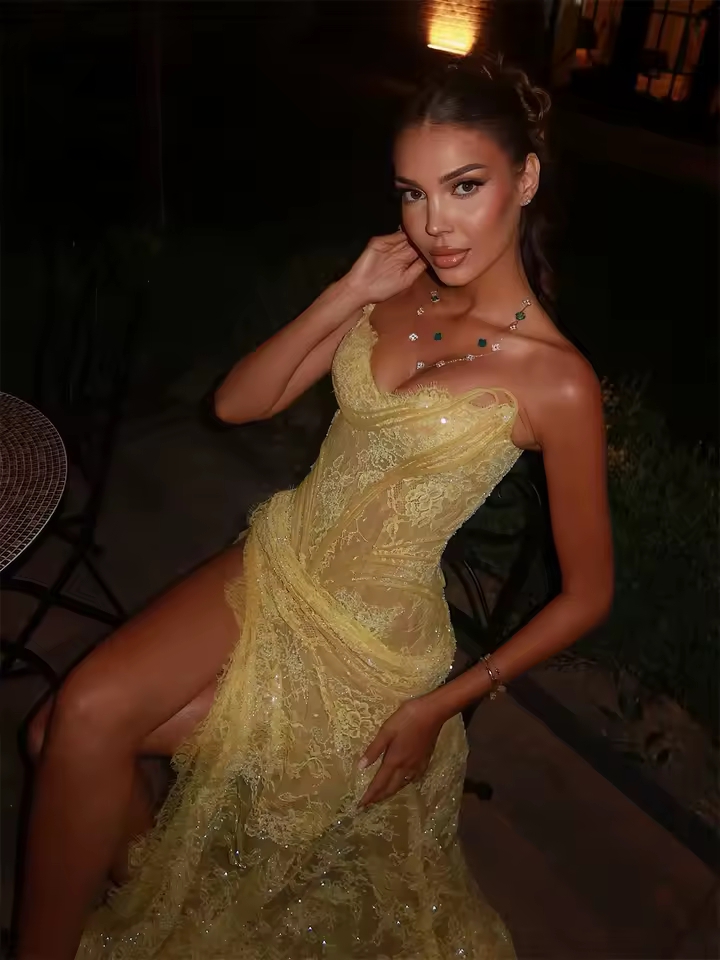 Robes de Soirée paillettes en dentelle jaune scintillante