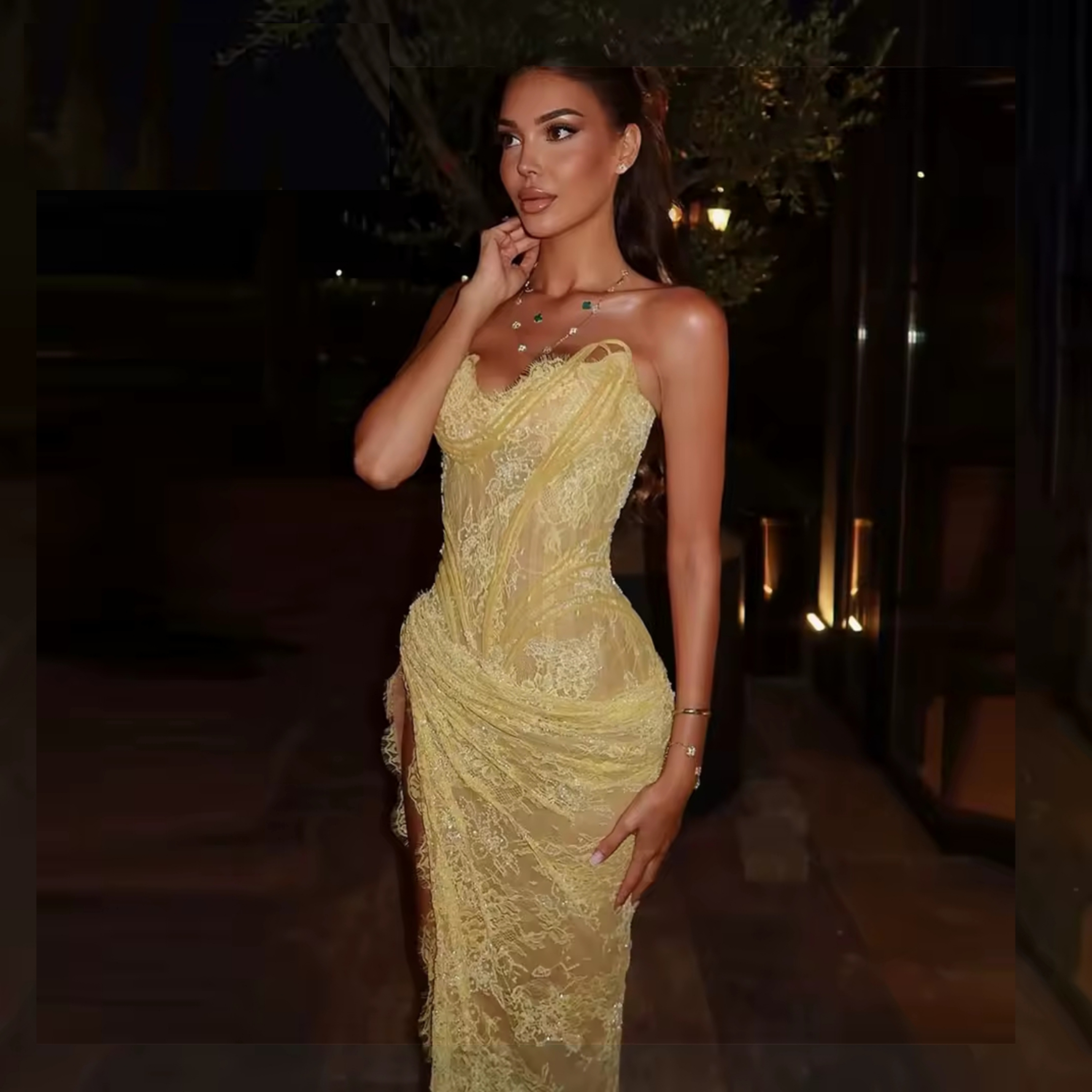 Robes de Soirée paillettes en dentelle jaune scintillante