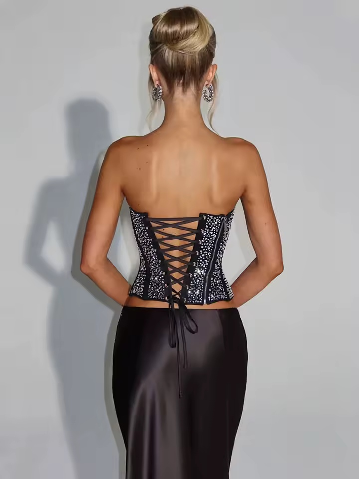 Robe à paillettes ensemble 2 pièces haut à lacets dos + jupe à Satin femme 