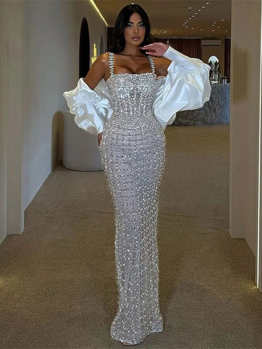 Robe de Soirée De luxe faites à la main, en cristal brillant , silhouette sirène élégante ,