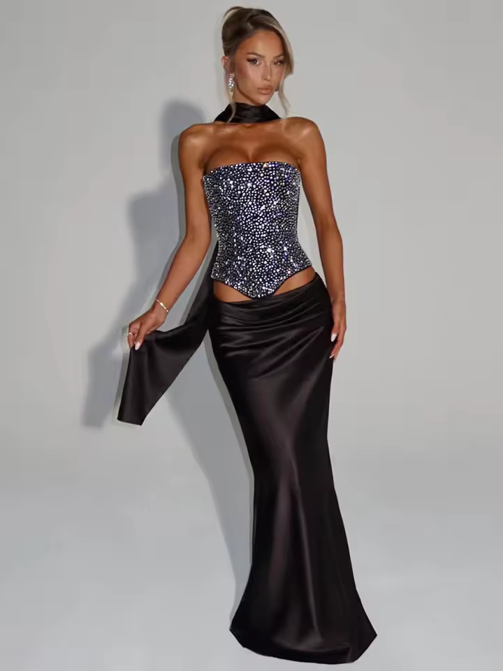 Robe à paillettes ensemble 2 pièces haut à lacets dos + jupe à Satin femme 