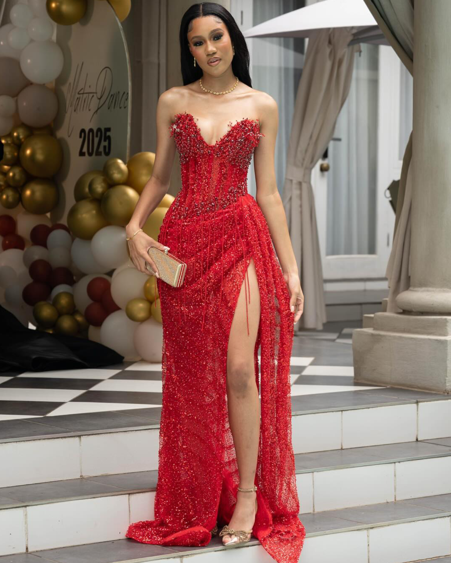 Robe à paillettes sirène rouge de soirée de luxe avec franges et perles