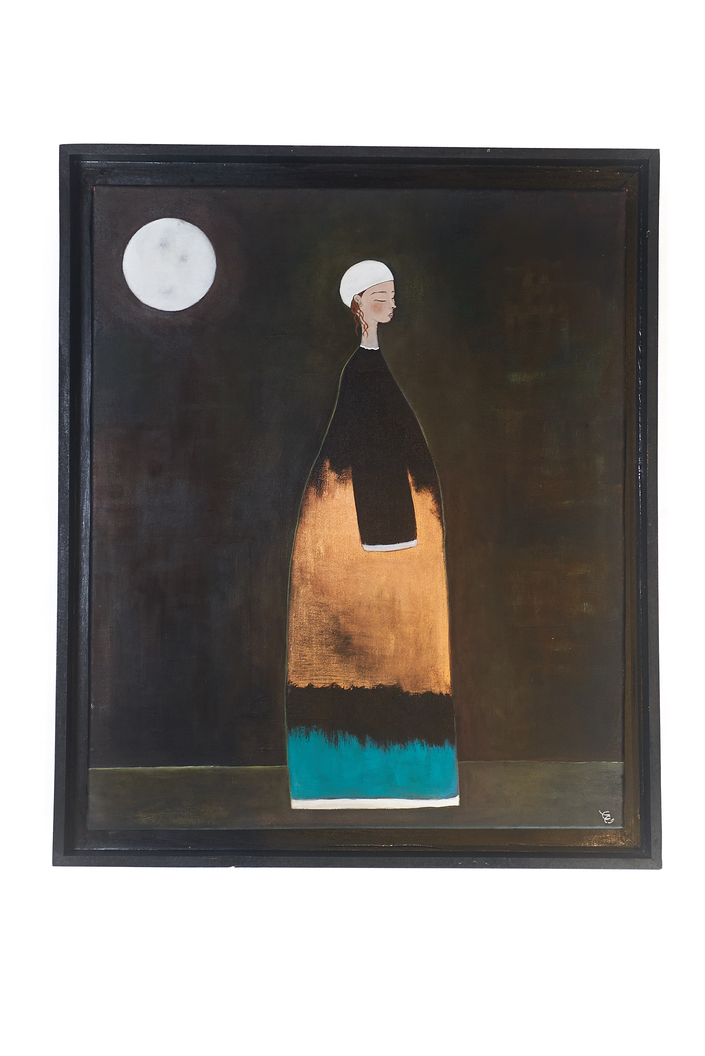 Moon and lady painting | Copper and turquoise wall art | handcrafted in France
