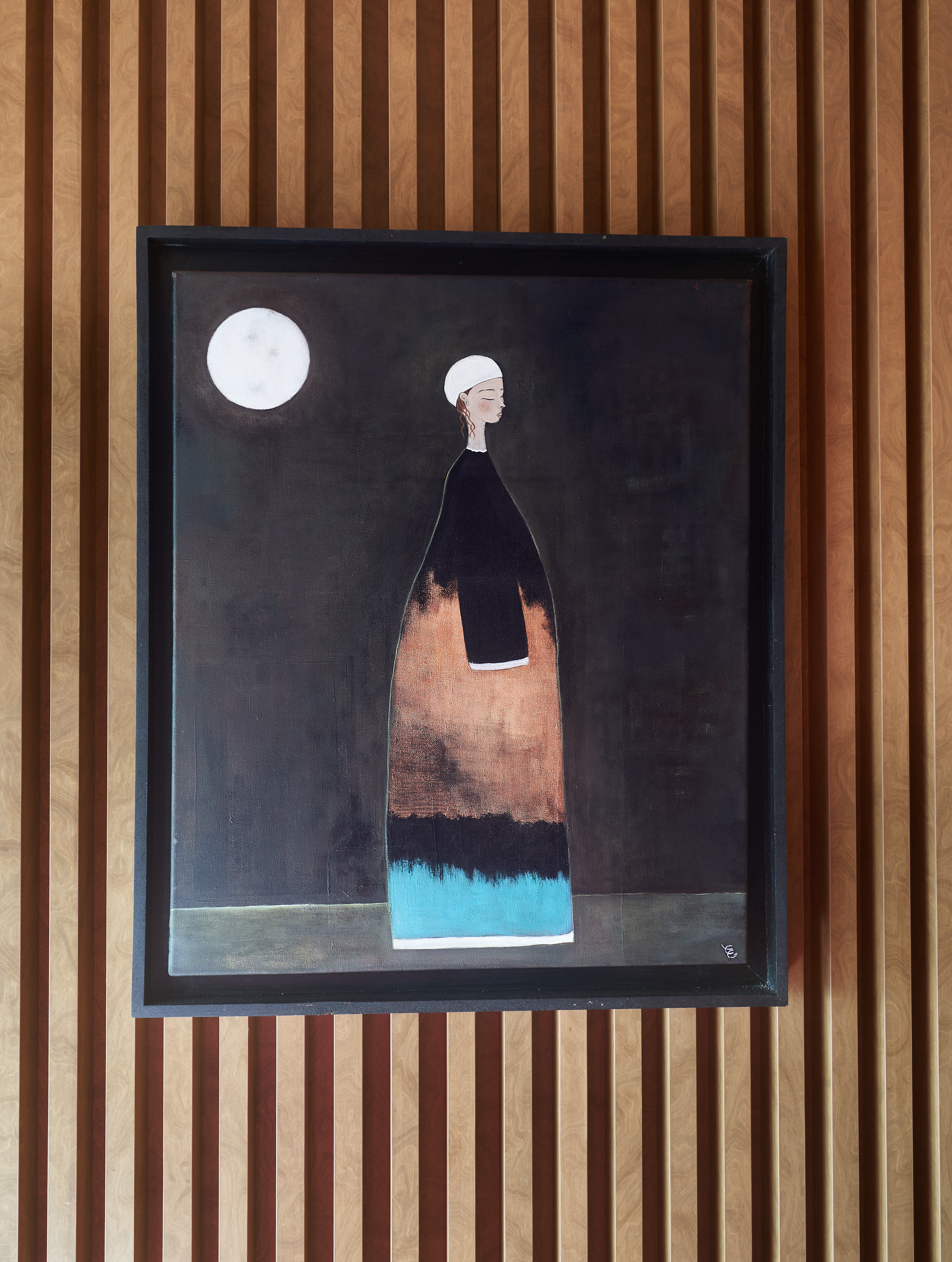 Moon and lady painting | Copper and turquoise wall art | handcrafted in France