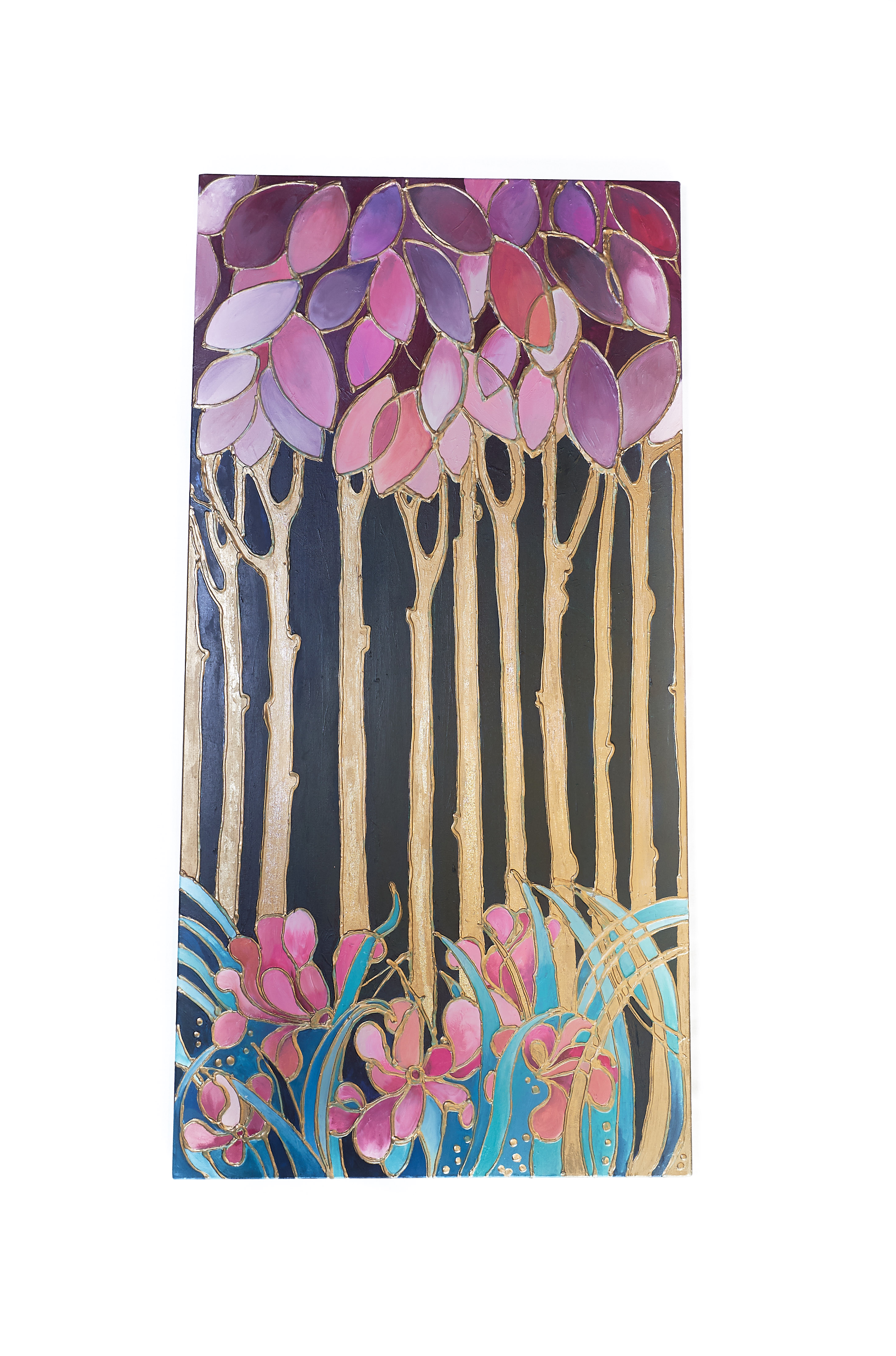 Pastel pink flowers and lilac trees painting | handcrafted in Belarus