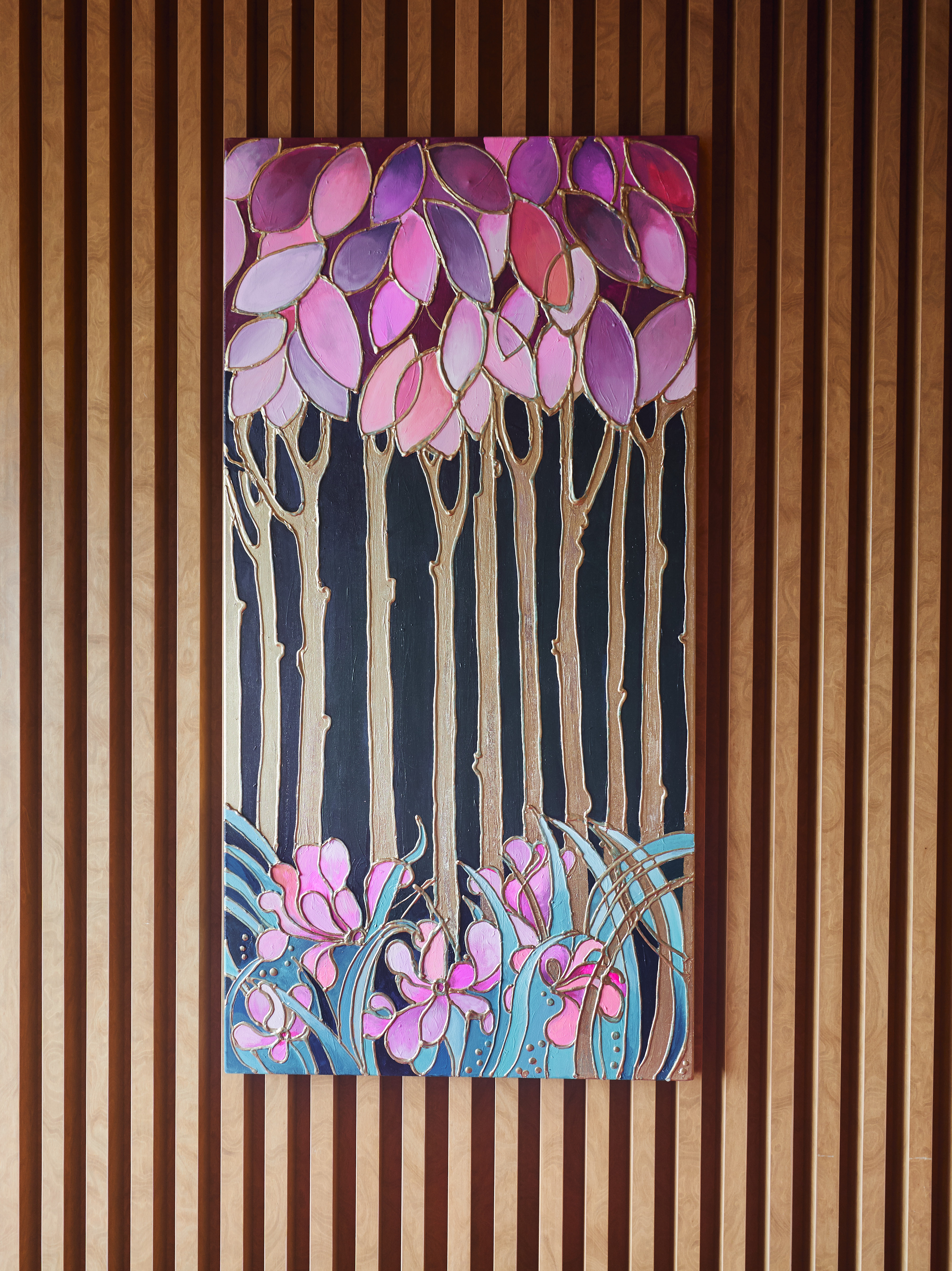 Pastel pink flowers and lilac trees painting | handcrafted in Belarus 